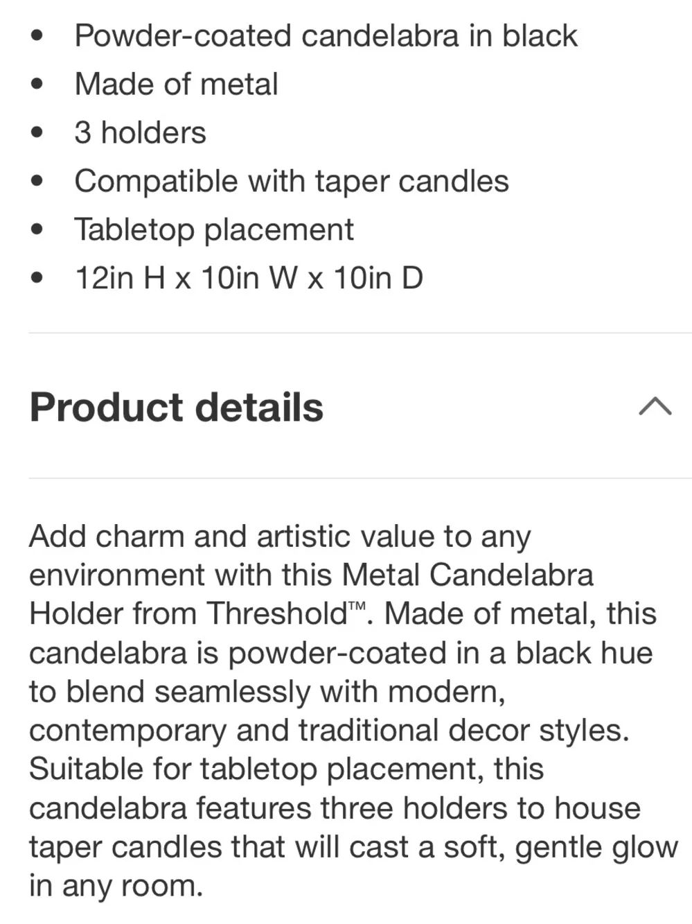 THRESHOLD NWT 3pc Metal Candelabra Holder -Black